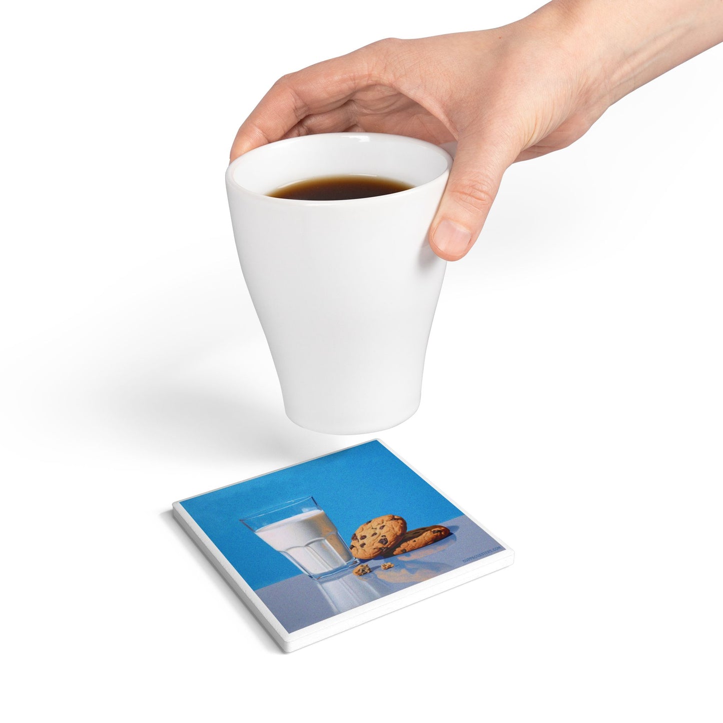 ‘Midnight Snack’ Ceramic Drinks Coaster – Milk & Cookies Illustration with Cork Backing