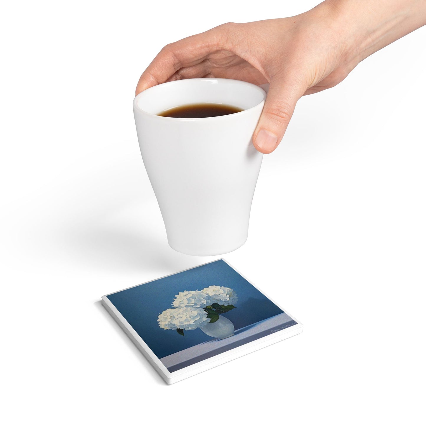 White Hydrangea Vase Coaster – Elegant Floral Art Ceramic & Cork
