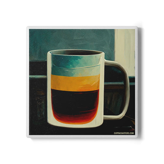 Striped Retro Mug Coaster – Colourful Coffee Cup Illustration Ceramic & Cork