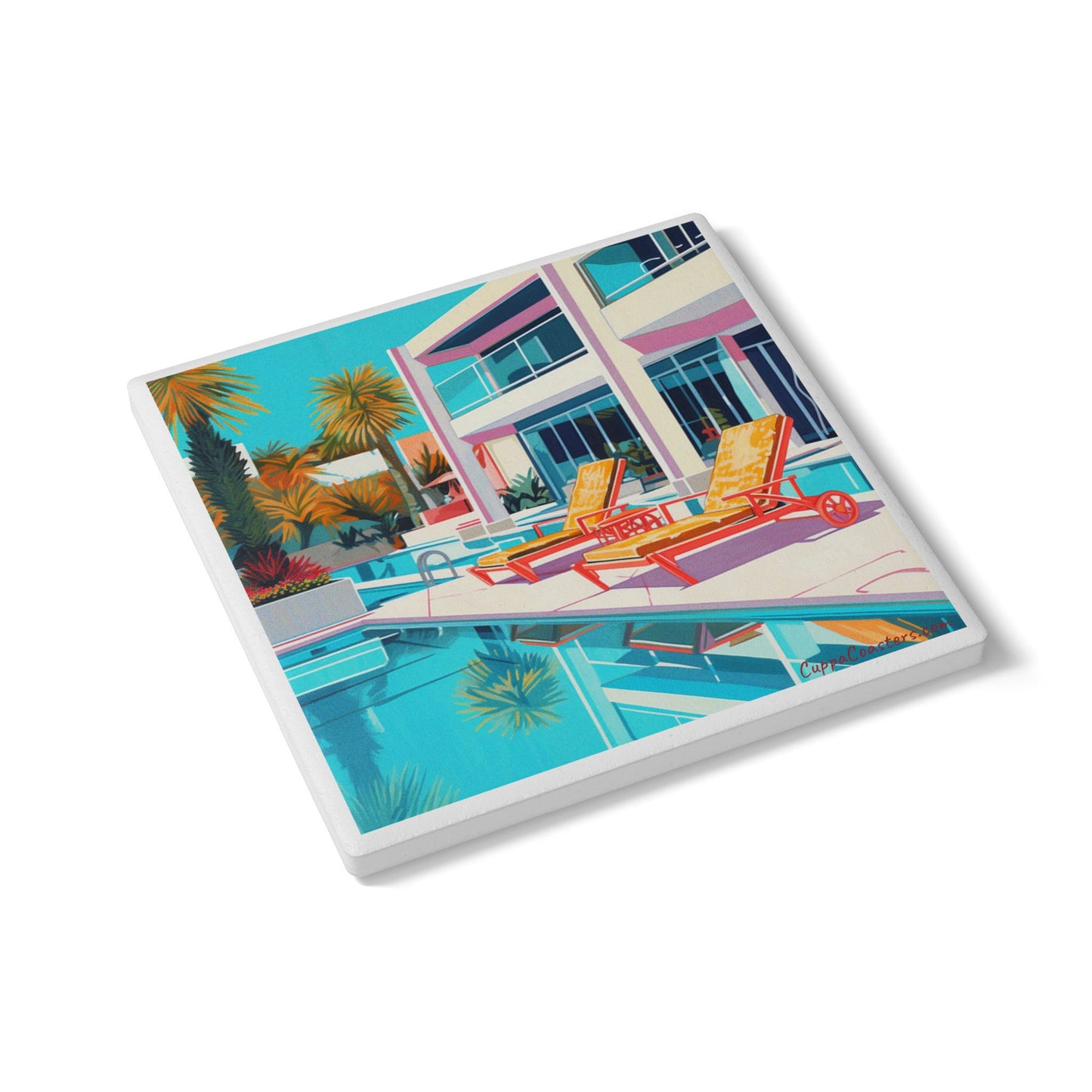 Poolside Relaxation Coaster – Modern Villa with Sun Loungers Ceramic & Cork