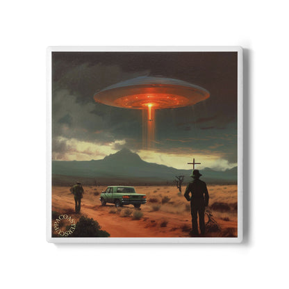 🛸 Desert Encounter Ceramic Coaster – Cosmic Mystery Meets Retro Cool 🌵