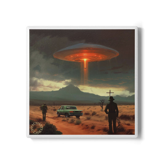 🛸 Desert Encounter Ceramic Coaster – Cosmic Mystery Meets Retro Cool 🌵