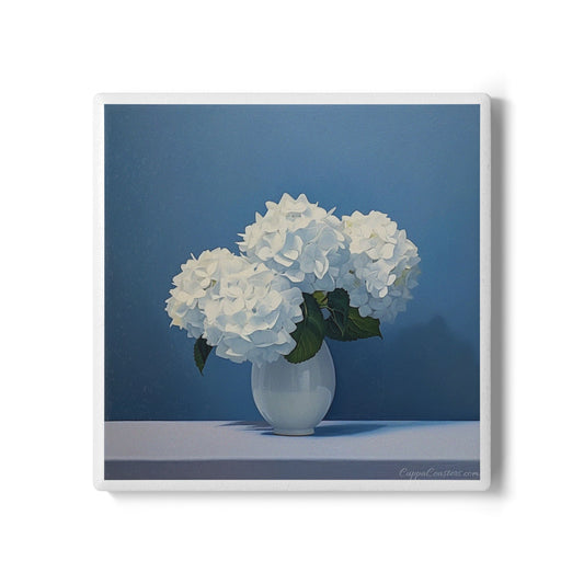 White Hydrangea Vase Coaster – Elegant Floral Art Ceramic & Cork
