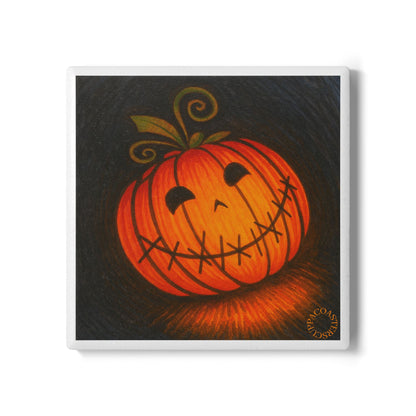 Smiling Pumpkin Glow Ceramic Coaster – Whimsical Halloween Charm 🎃✨