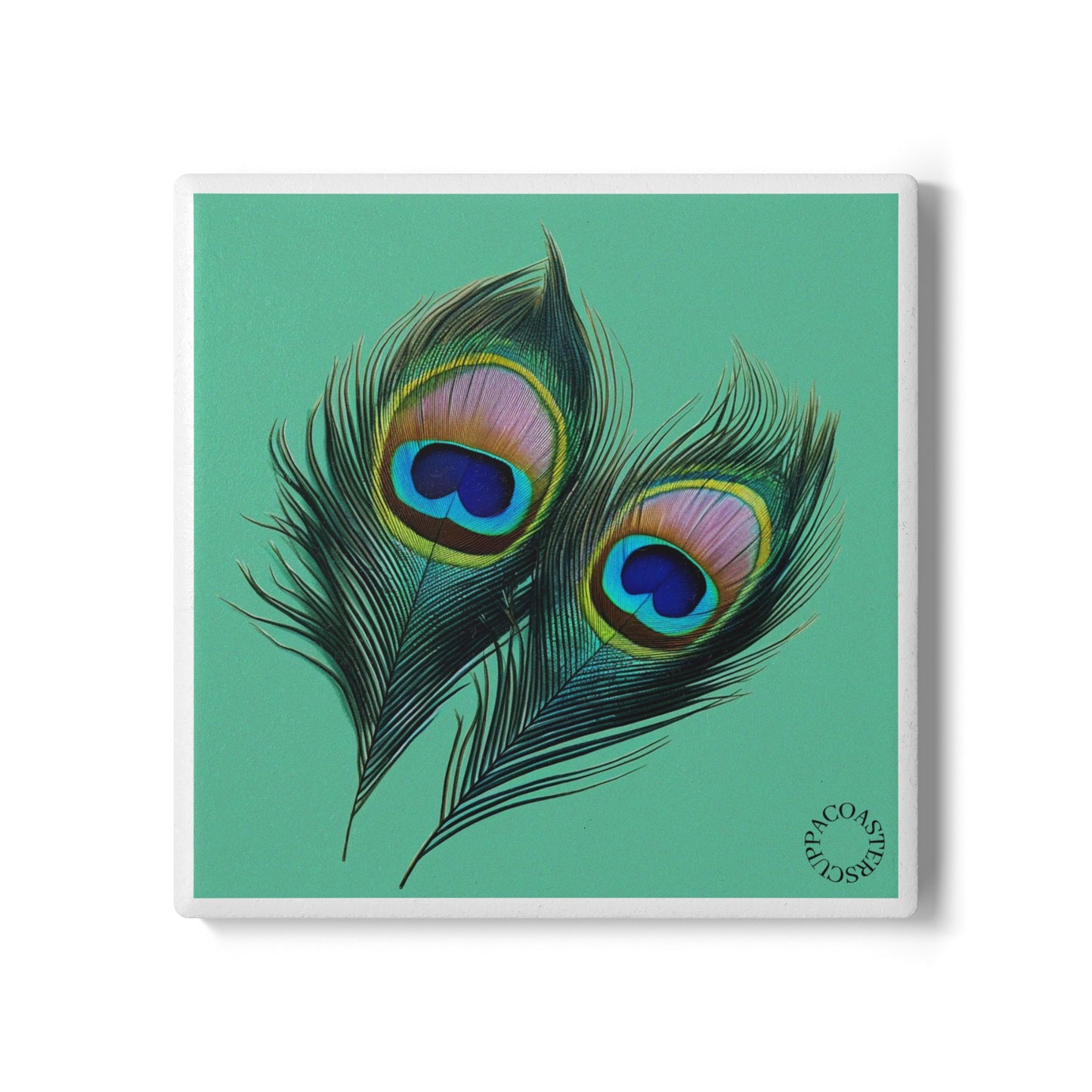 🪶 The Peacock Feather Ceramic Coaster – Elegant & Luminous
