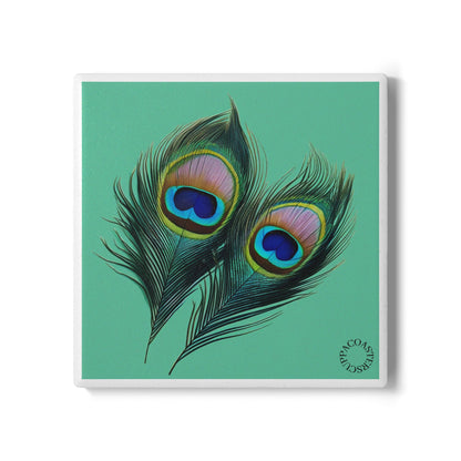 🪶 The Peacock Feather Ceramic Coaster – Elegant & Luminous