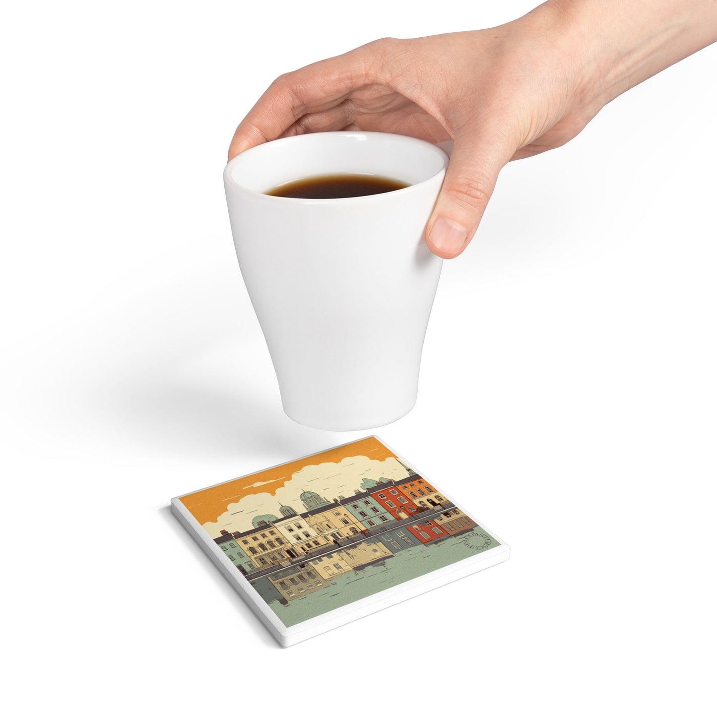 🏙️ Riverside Reflections Ceramic Coaster – Vintage Charm Meets Modern Lines