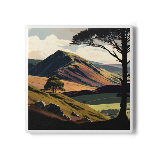Scottish Hills Ceramic Coaster – Highland Landscape Gift