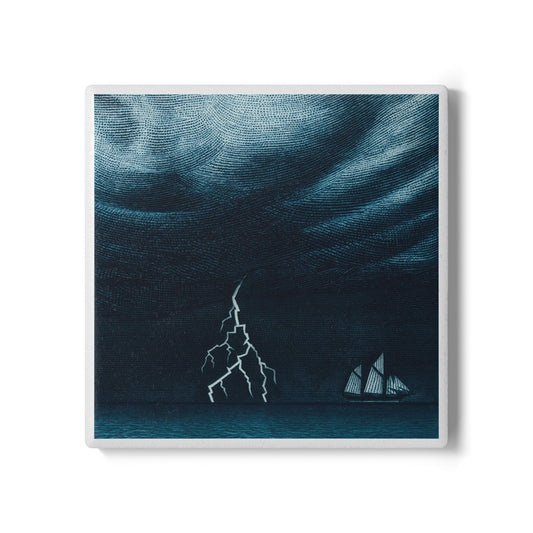 Stormy Sea Lightning Coaster – Vintage Sailboat Scene Ceramic & Cork