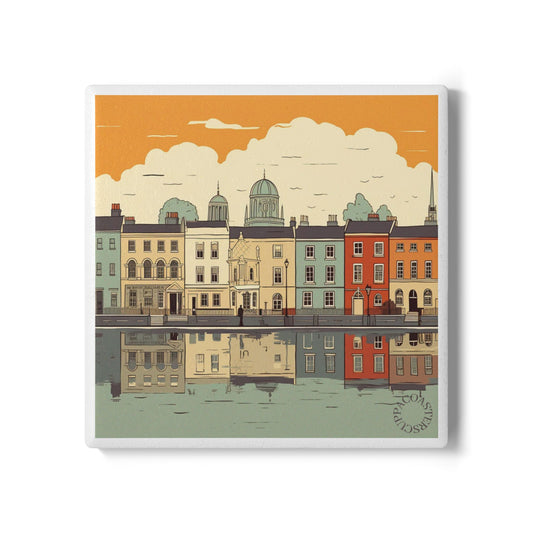 🏙️ Riverside Reflections Ceramic Coaster – Vintage Charm Meets Modern Lines