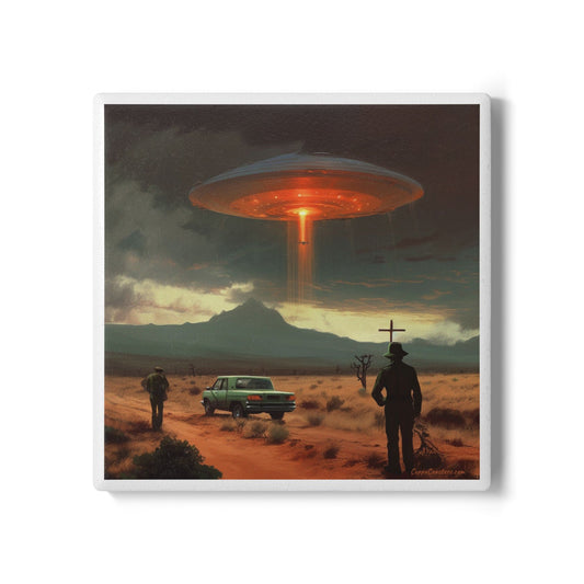 UFO Encounter Coaster – Sci-Fi Desert Scene Artwork Ceramic & Cork