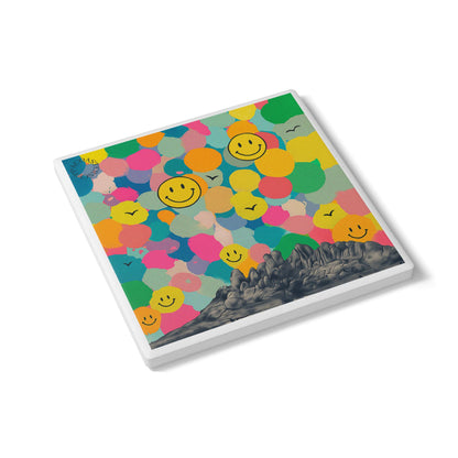 😊 Smiley Skies Ceramic Coaster – Colour Pop Retro Art