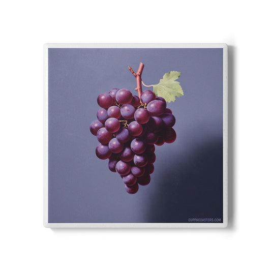 ‘Vine Time’ Ceramic Drinks Coaster – Rich Purple Grapes on Cork-Backed Tile