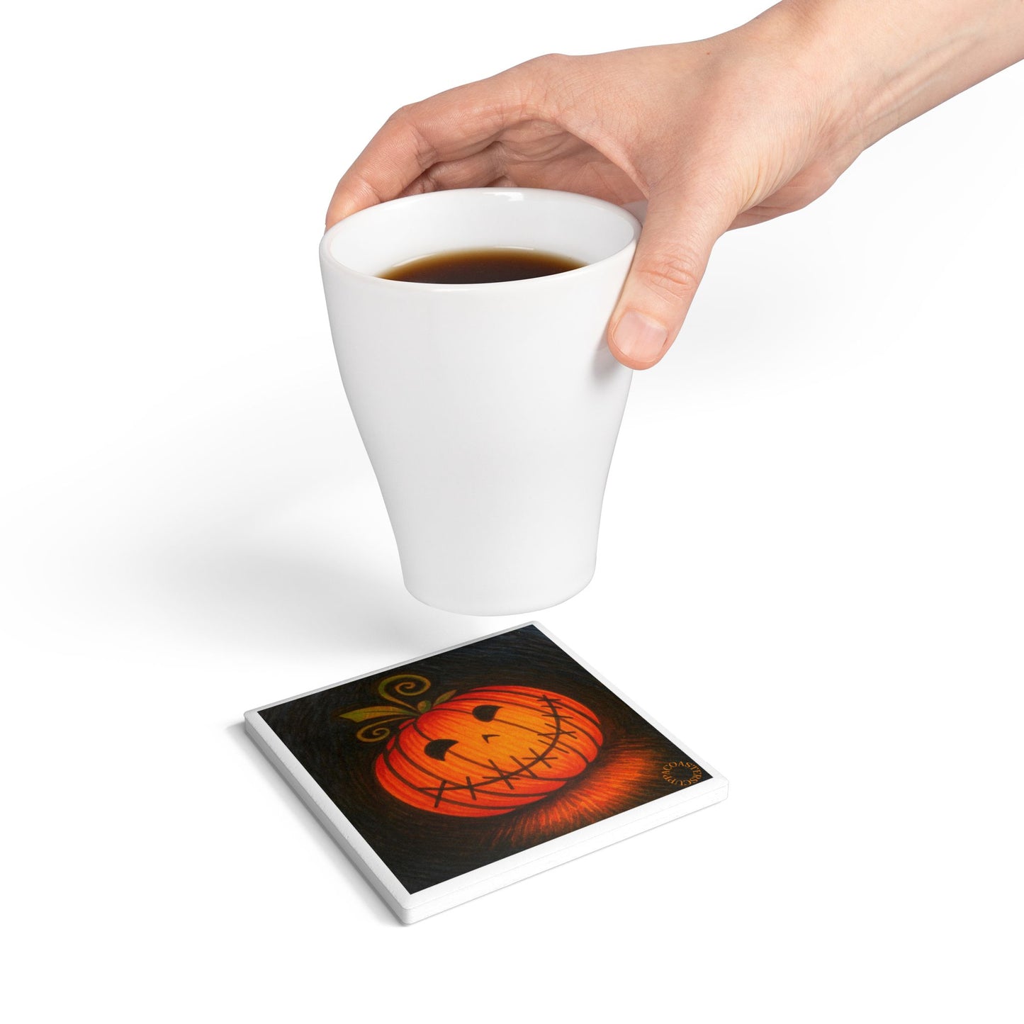 Smiling Pumpkin Glow Ceramic Coaster – Whimsical Halloween Charm 🎃✨