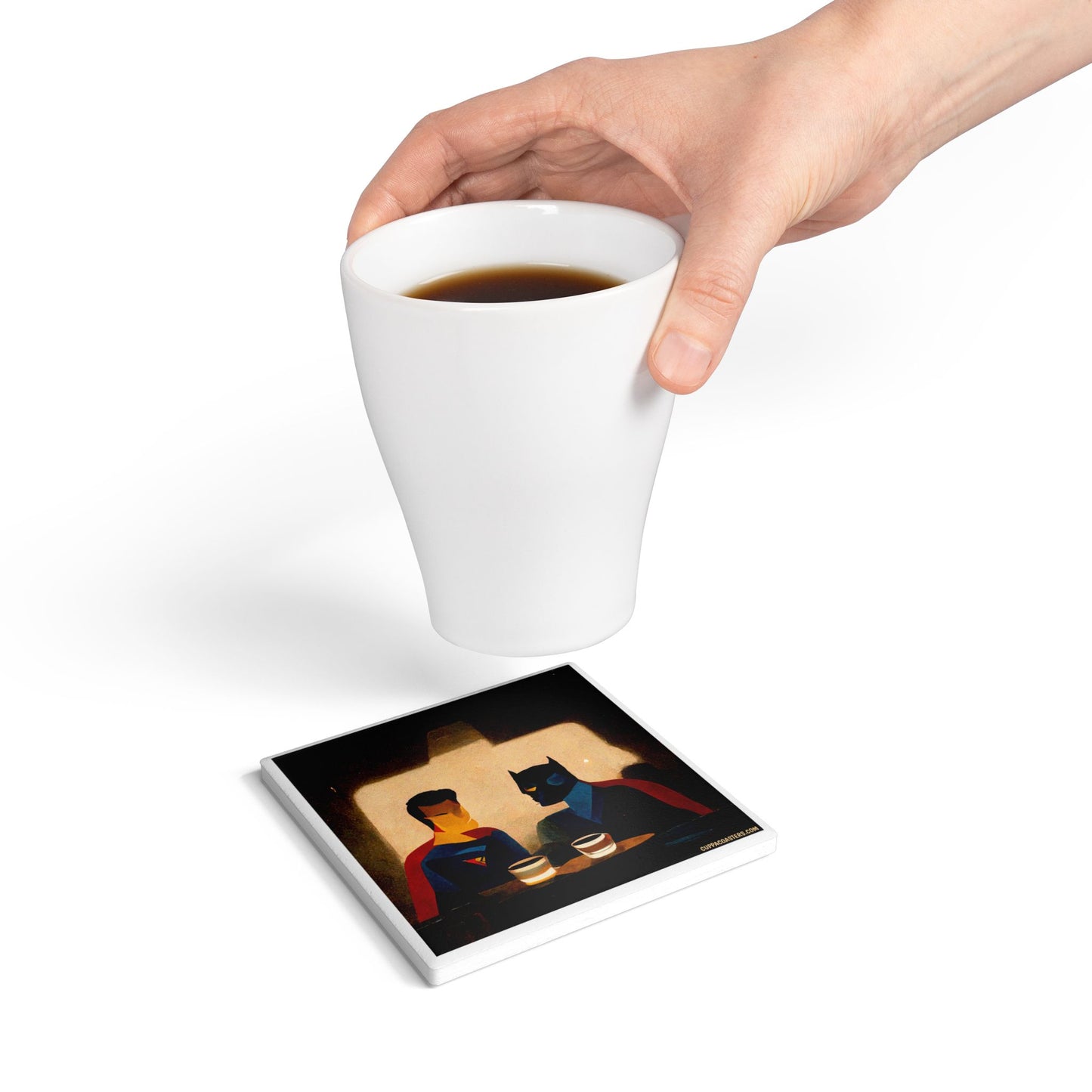 Super Sips Ceramic Coaster – Hero Hangout Edition 🦸‍♂️☕🦇
