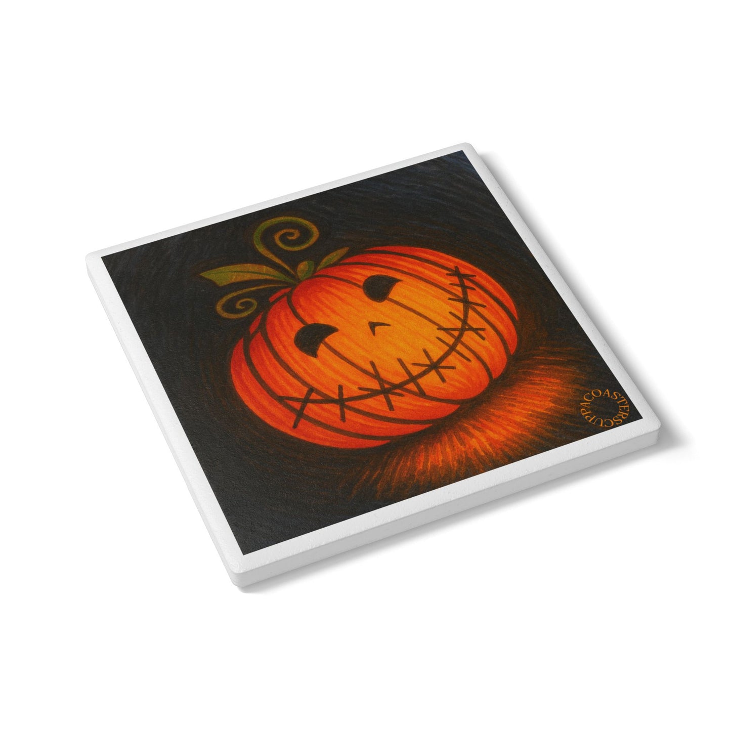Smiling Pumpkin Glow Ceramic Coaster – Whimsical Halloween Charm 🎃✨
