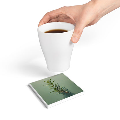 ‘Rosemary Revival’ Ceramic Drinks Coaster – Minimal Herb Art with Cork Backing