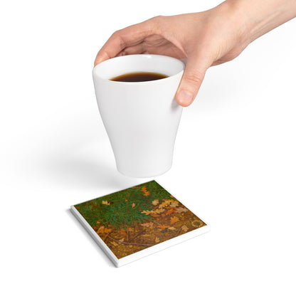 Forest Floor Daydream Ceramic Coaster – Autumn Leaves & Woodland Calm 🌿🍂