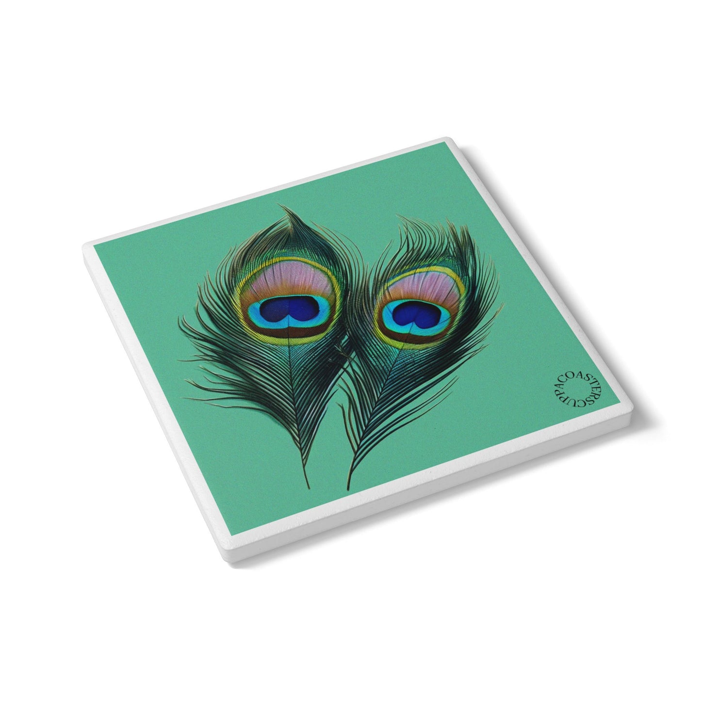 🪶 The Peacock Feather Ceramic Coaster – Elegant & Luminous