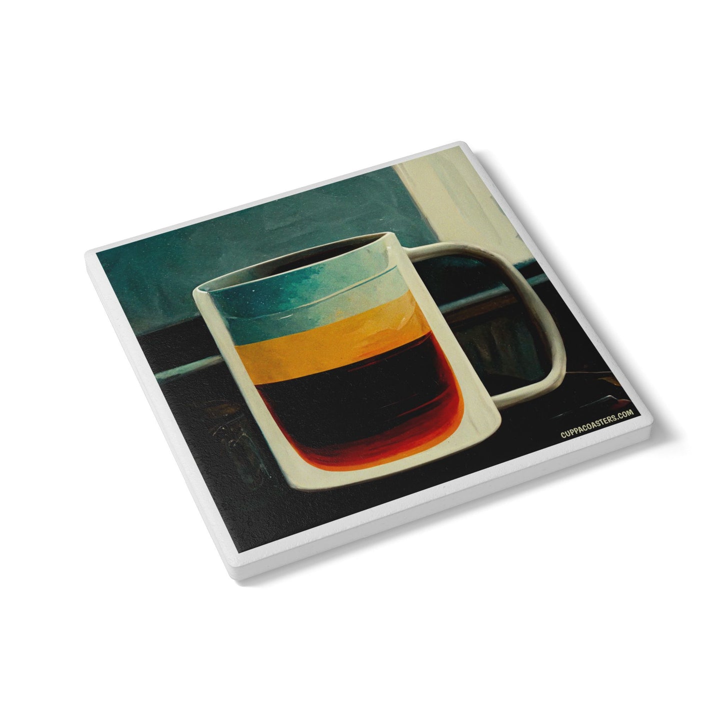 Striped Retro Mug Coaster – Colourful Coffee Cup Illustration Ceramic & Cork