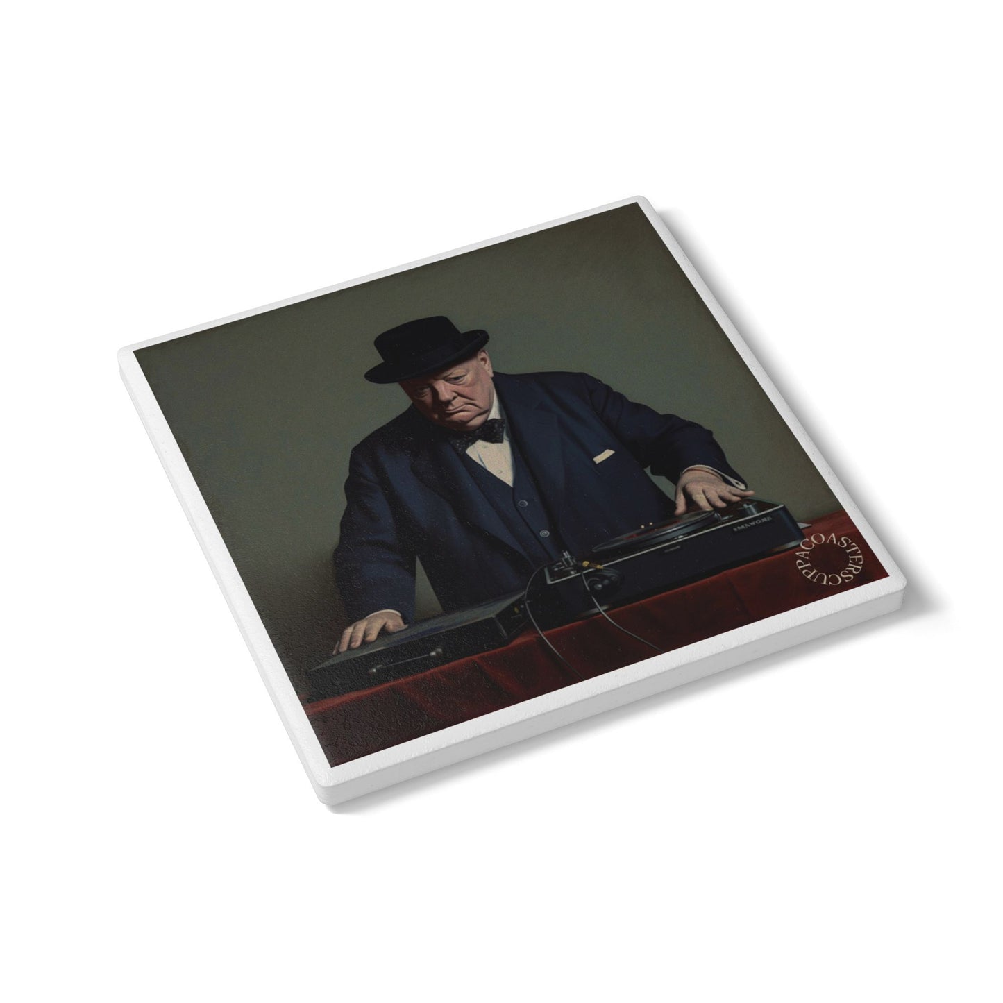 🎧 DJ Churchill Ceramic Coaster – Vintage Meets Vinyl Edition