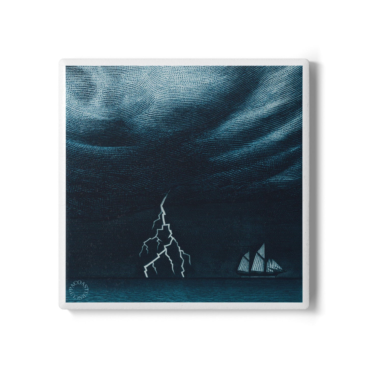 ⚡ Tempest Voyage Ceramic Coaster – Storm and Sea Minimalist Art