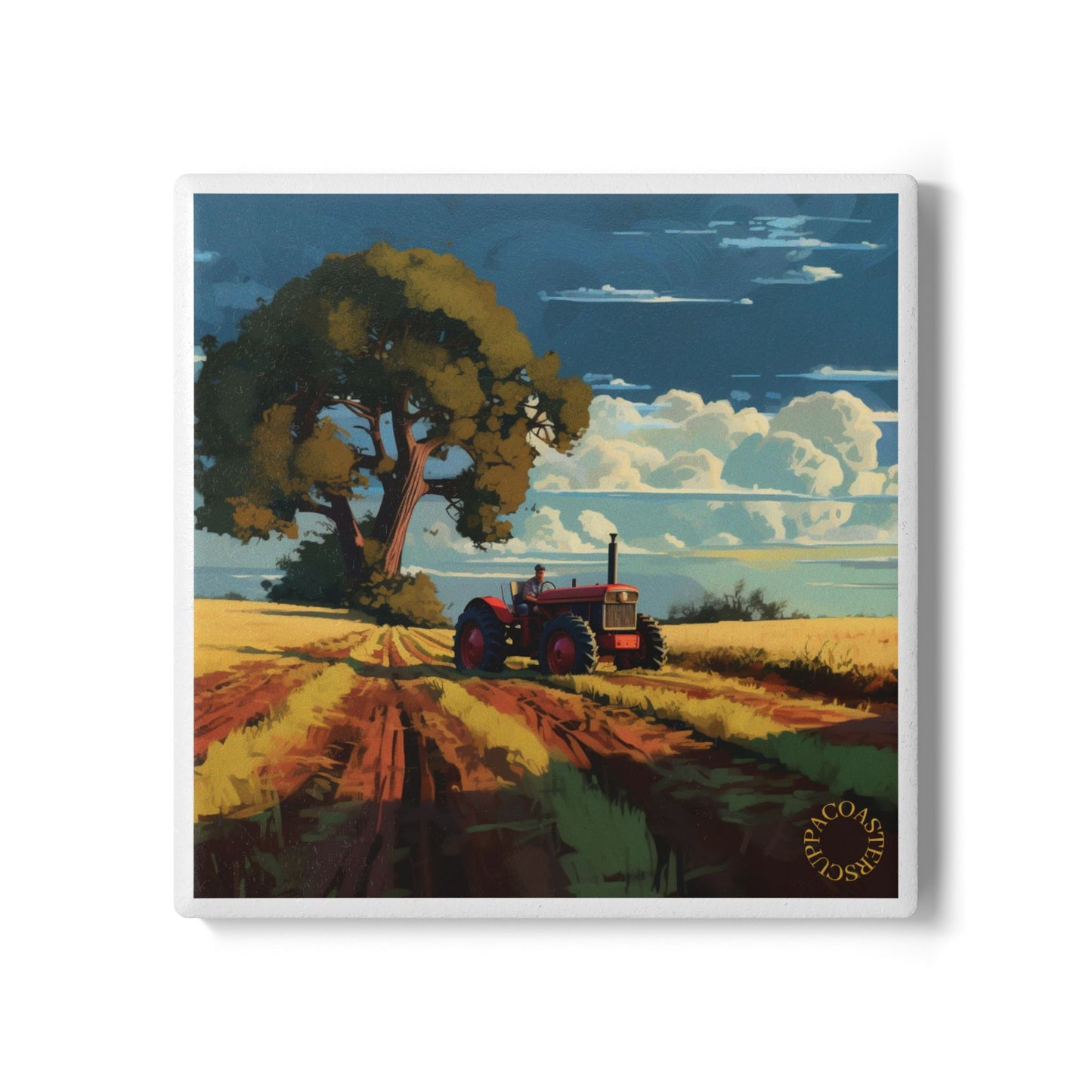 🚜 Golden Fields Ceramic Coaster – Country Calm in Every Sip 🌾