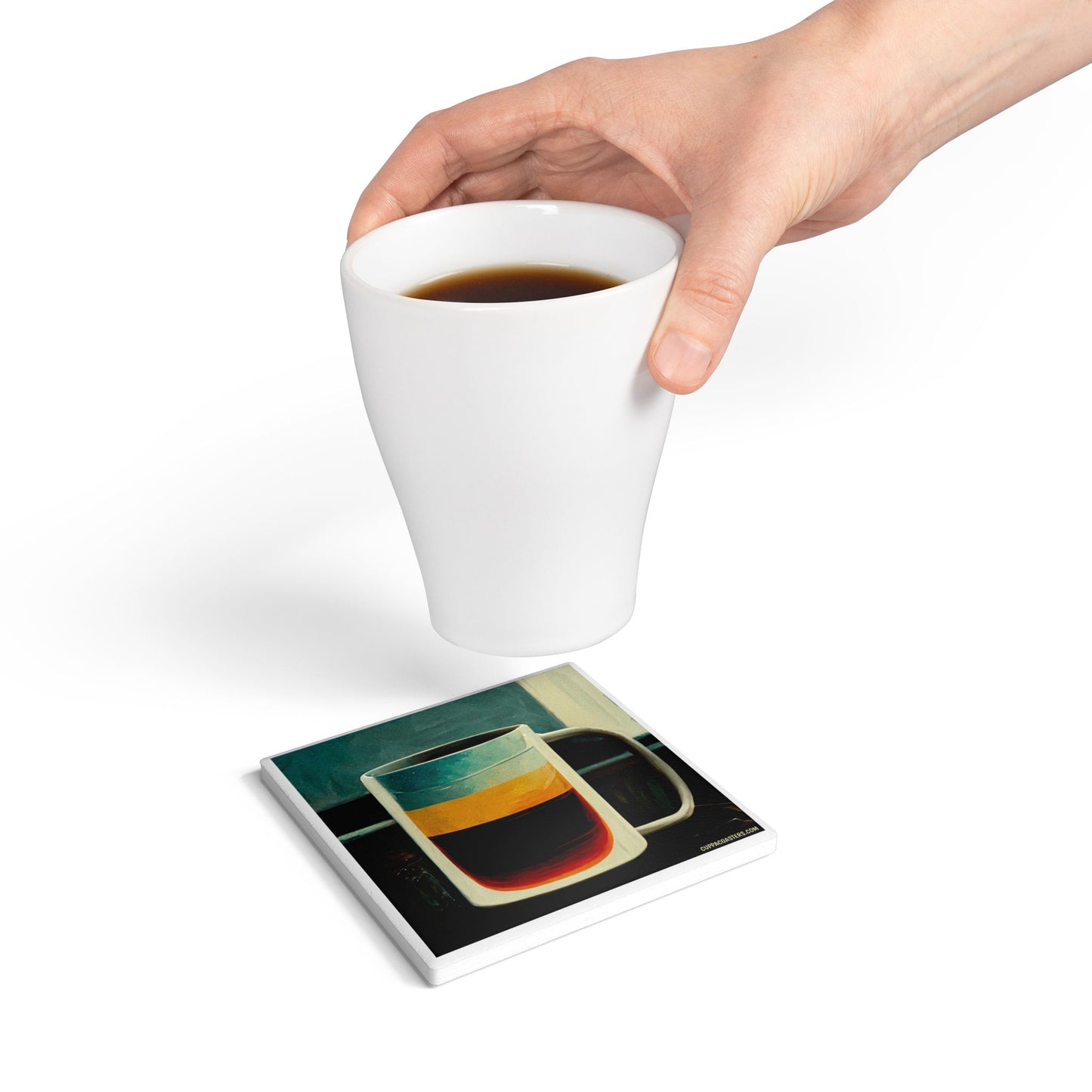 Striped Retro Mug Coaster – Colourful Coffee Cup Illustration Ceramic & Cork
