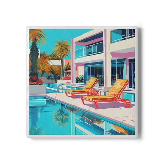 Poolside Relaxation Coaster – Modern Villa with Sun Loungers Ceramic & Cork