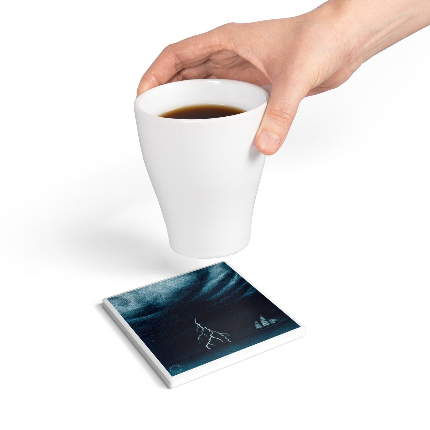 ⚡ Tempest Voyage Ceramic Coaster – Storm and Sea Minimalist Art