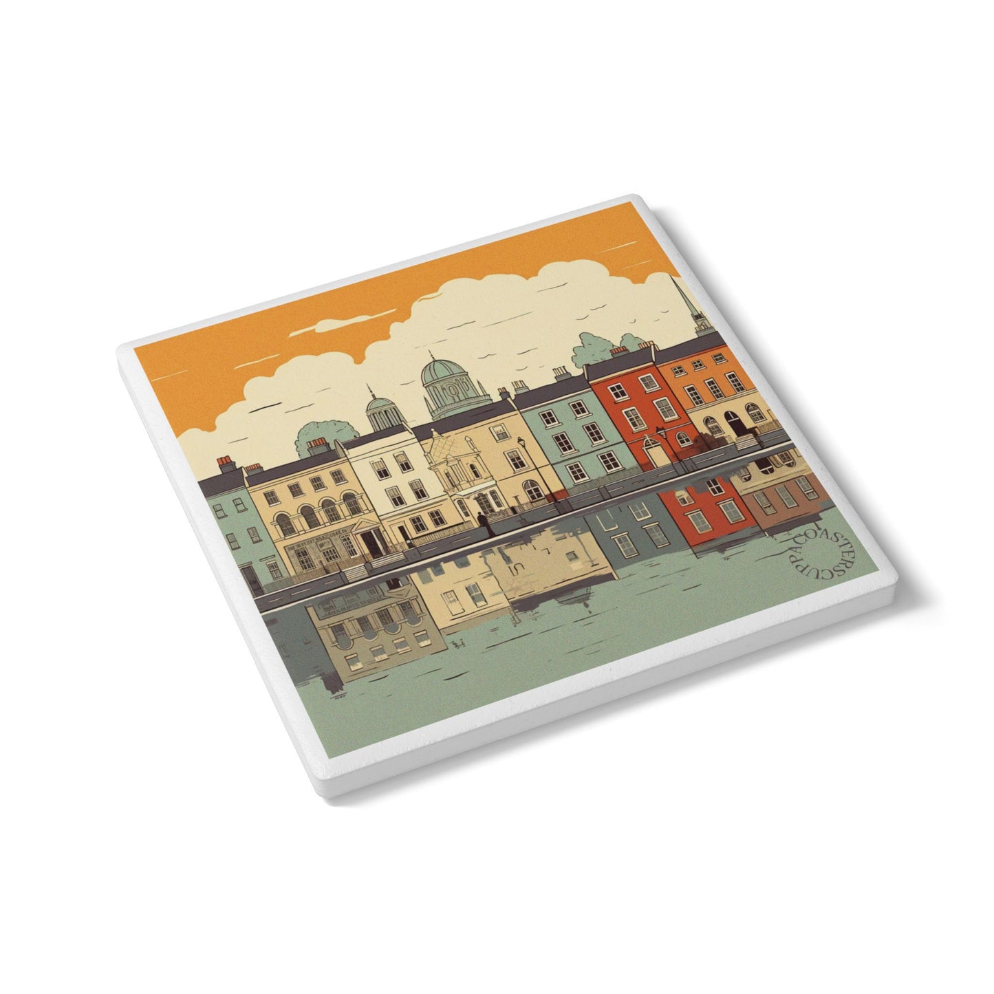 🏙️ Riverside Reflections Ceramic Coaster – Vintage Charm Meets Modern Lines