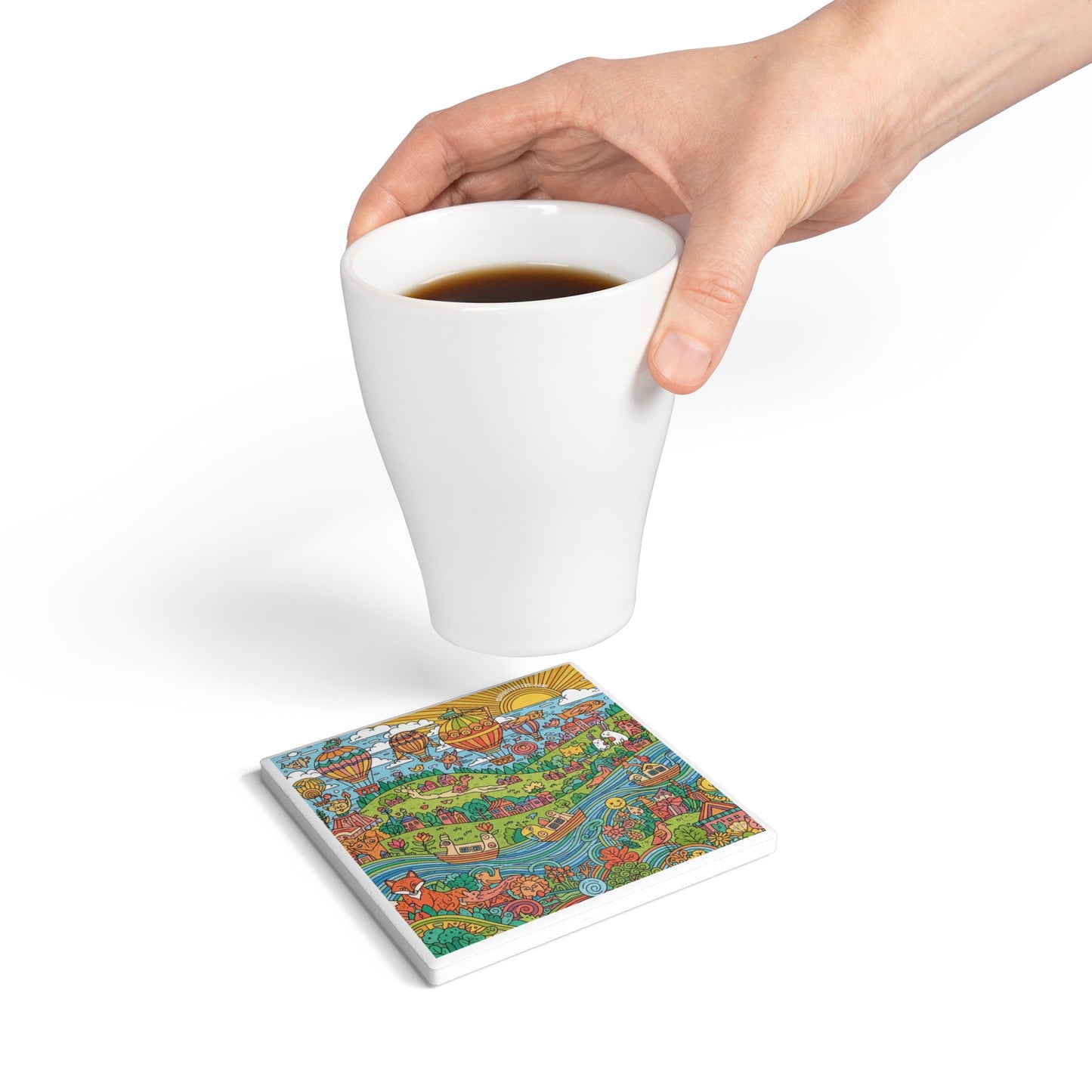 Whimsy Heights Ceramic Coaster – A World of Wonder in Every Sip 🎨🎈