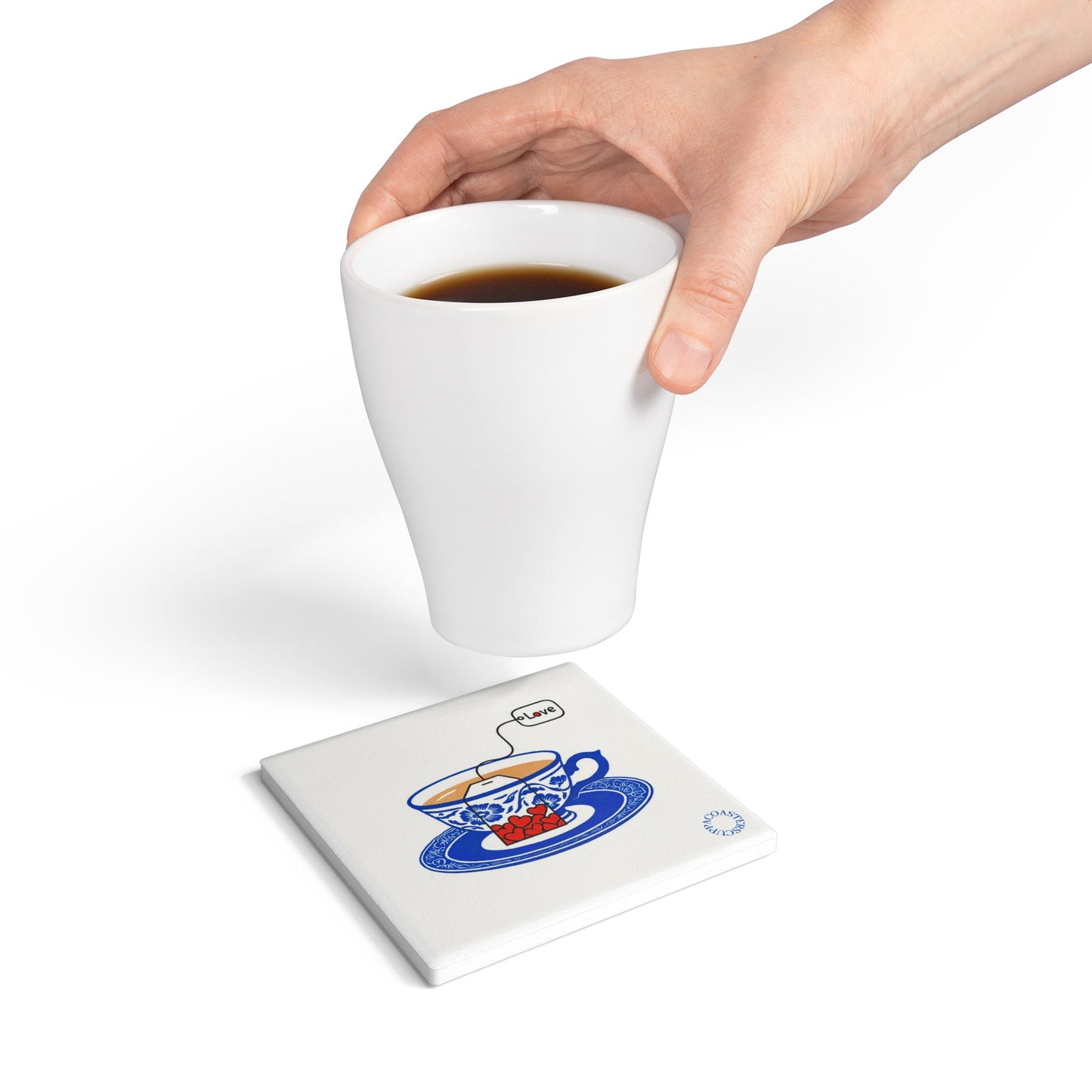 💙 “Cup of Love” Ceramic Coaster – Where Tea Meets Heartfelt Charm