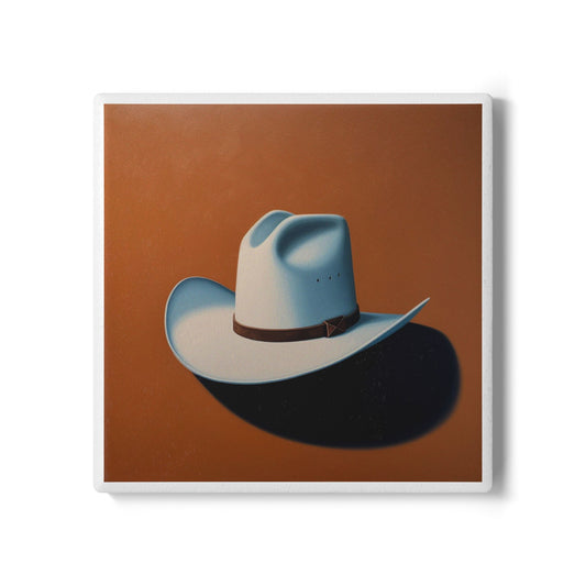 White Hat Swagger Ceramic Coaster – Western Cool, Tabletop Tough 🤠🟤