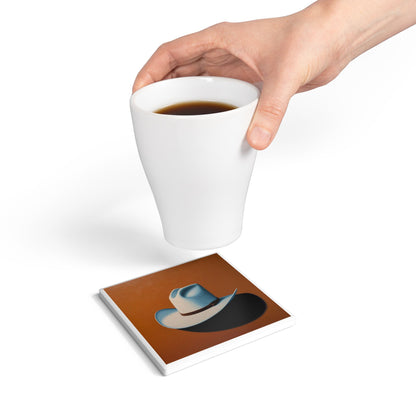 White Hat Swagger Ceramic Coaster – Western Cool, Tabletop Tough 🤠🟤