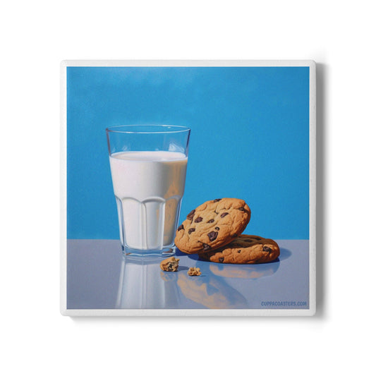 ‘Midnight Snack’ Ceramic Drinks Coaster – Milk & Cookies Illustration with Cork Backing