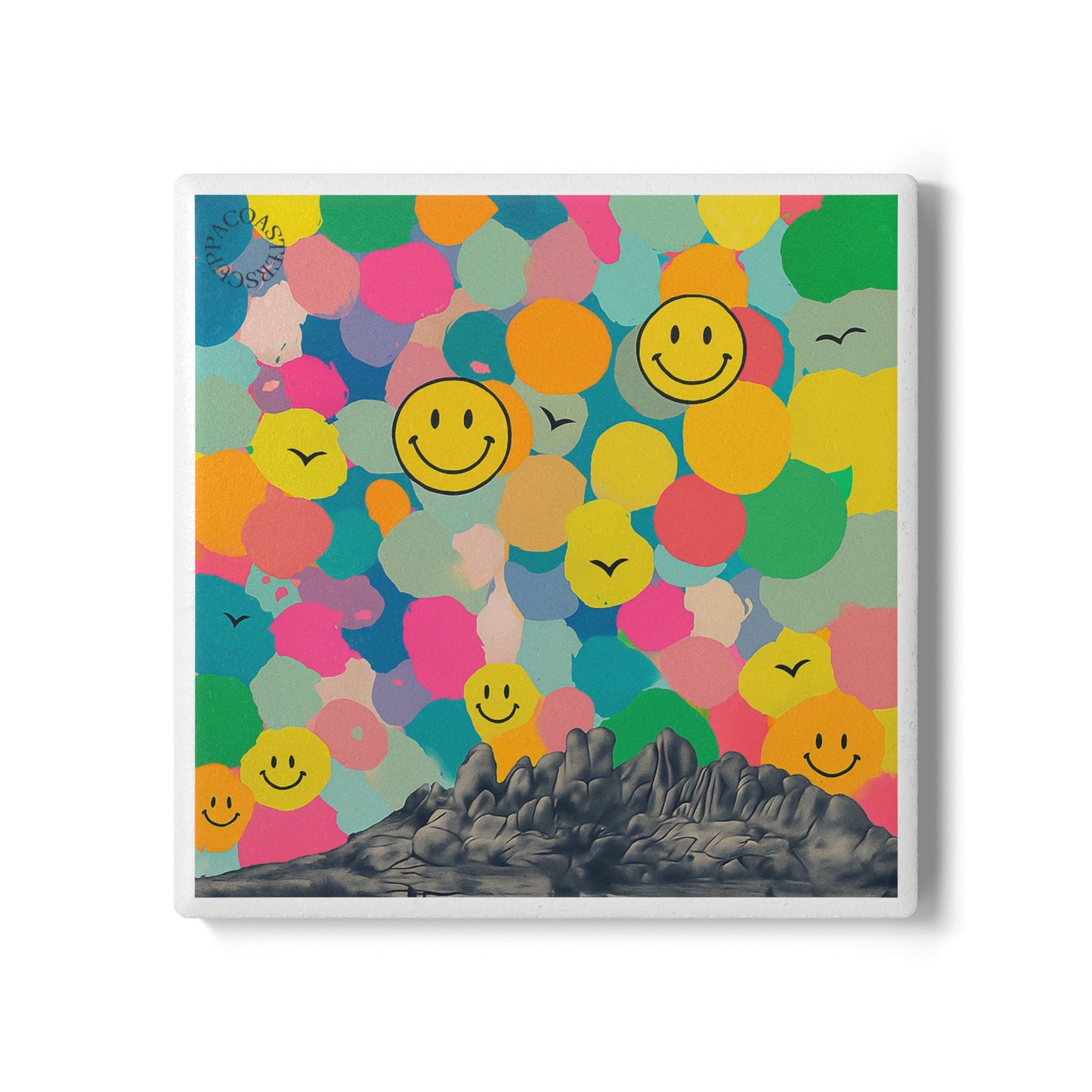 😊 Smiley Skies Ceramic Coaster – Colour Pop Retro Art
