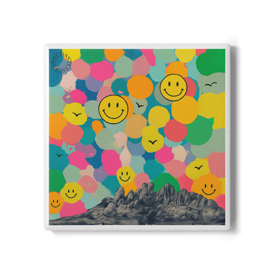 😊 Smiley Skies Ceramic Coaster – Colour Pop Retro Art