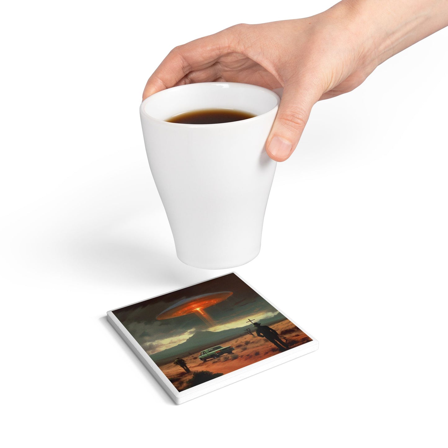 UFO Encounter Coaster – Sci-Fi Desert Scene Artwork Ceramic & Cork