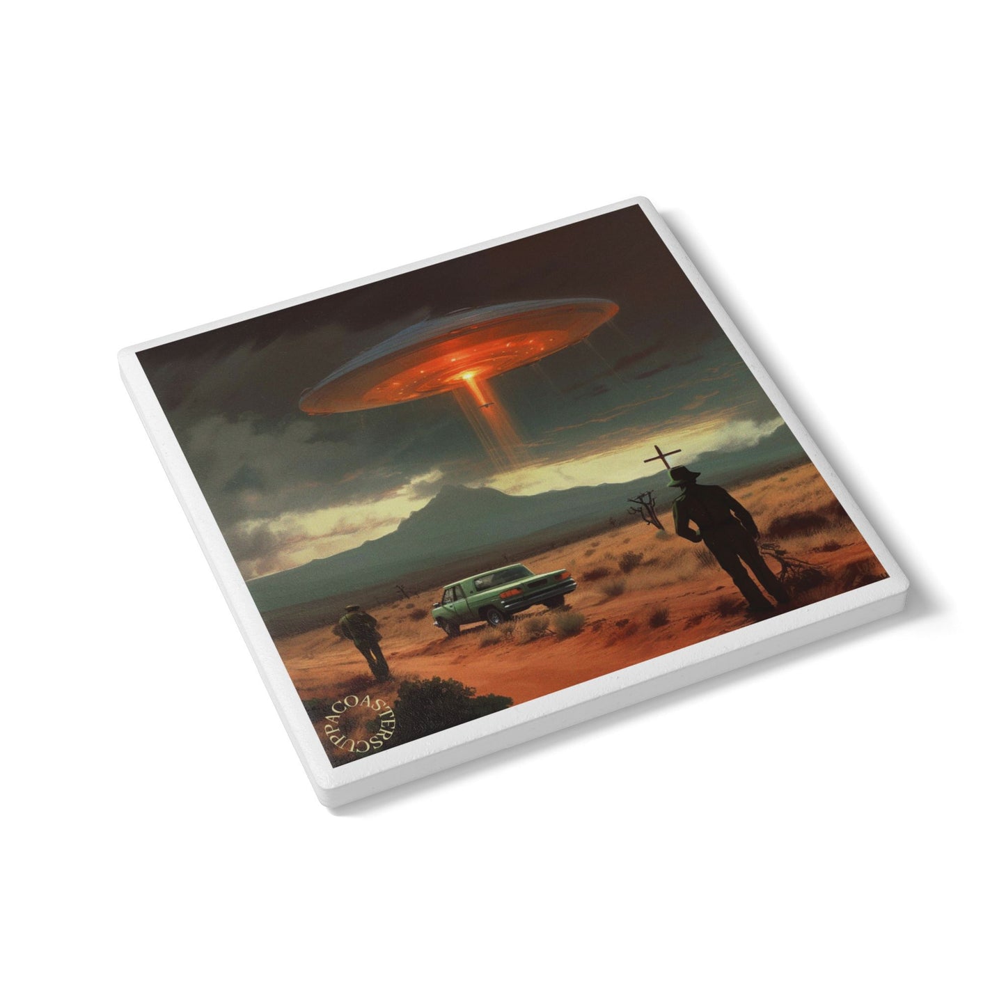 🛸 Desert Encounter Ceramic Coaster – Cosmic Mystery Meets Retro Cool 🌵