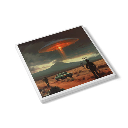 🛸 Desert Encounter Ceramic Coaster – Cosmic Mystery Meets Retro Cool 🌵