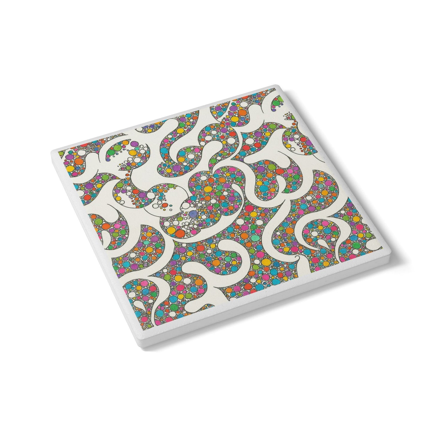 Vibrant Spiral Dots Coaster – Colorful Cork-Backed Ceramic