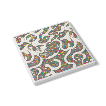 Vibrant Spiral Dots Coaster – Colorful Cork-Backed Ceramic
