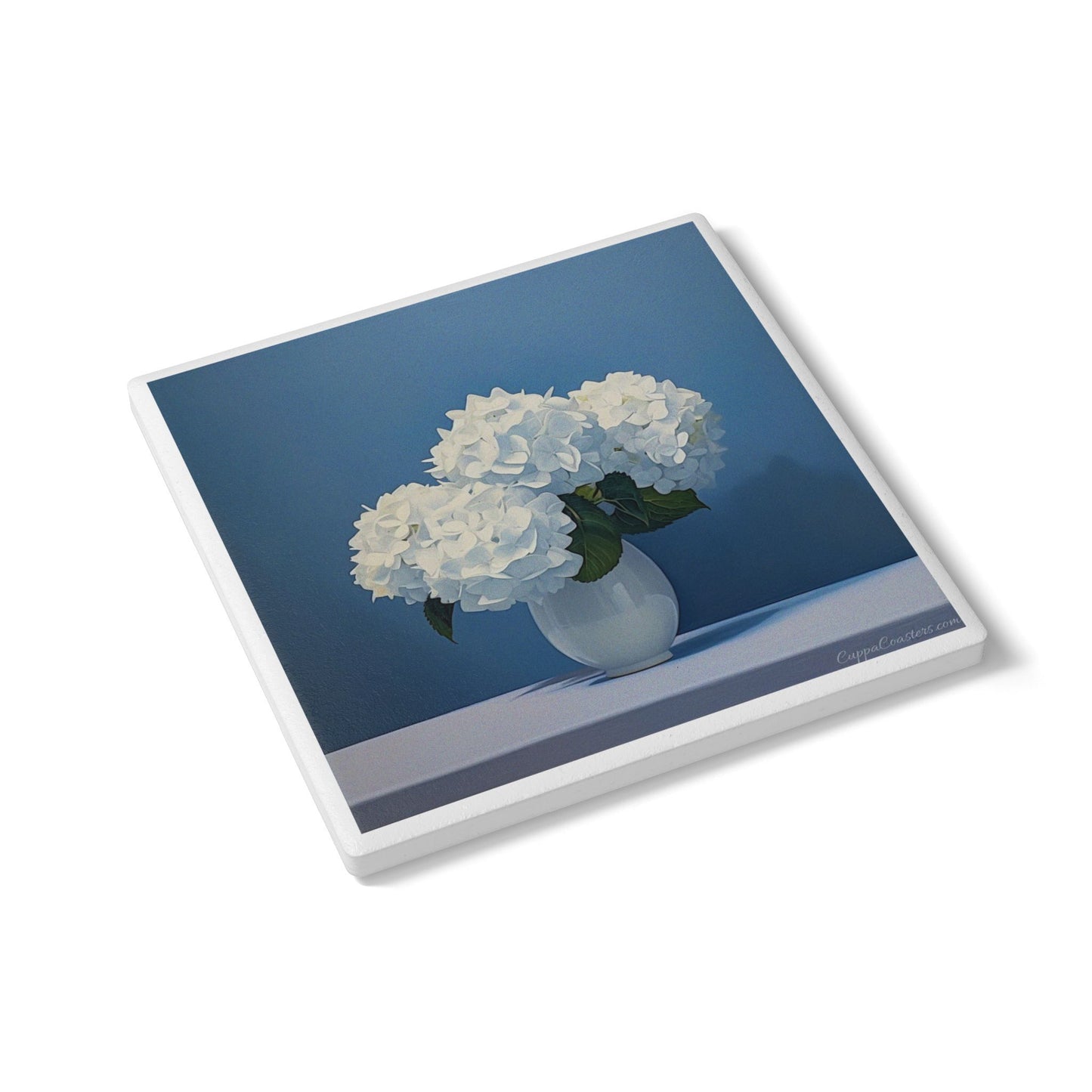White Hydrangea Vase Coaster – Elegant Floral Art Ceramic & Cork