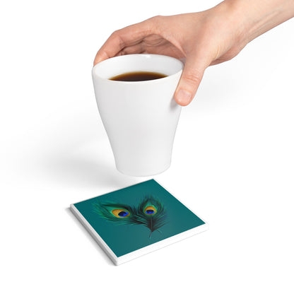Peacock Feather Ceramic Coaster – Elegant Nature Lover Gift
