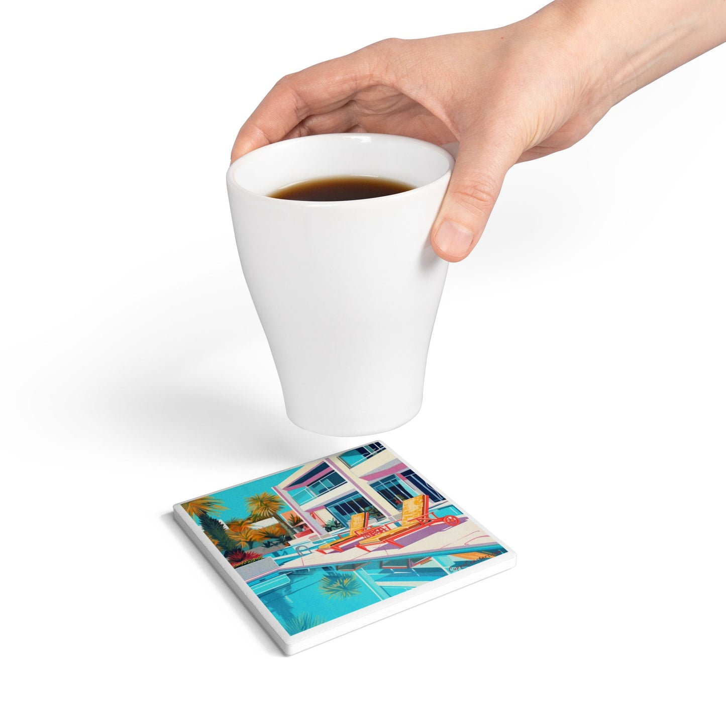 Poolside Relaxation Coaster – Modern Villa with Sun Loungers Ceramic & Cork